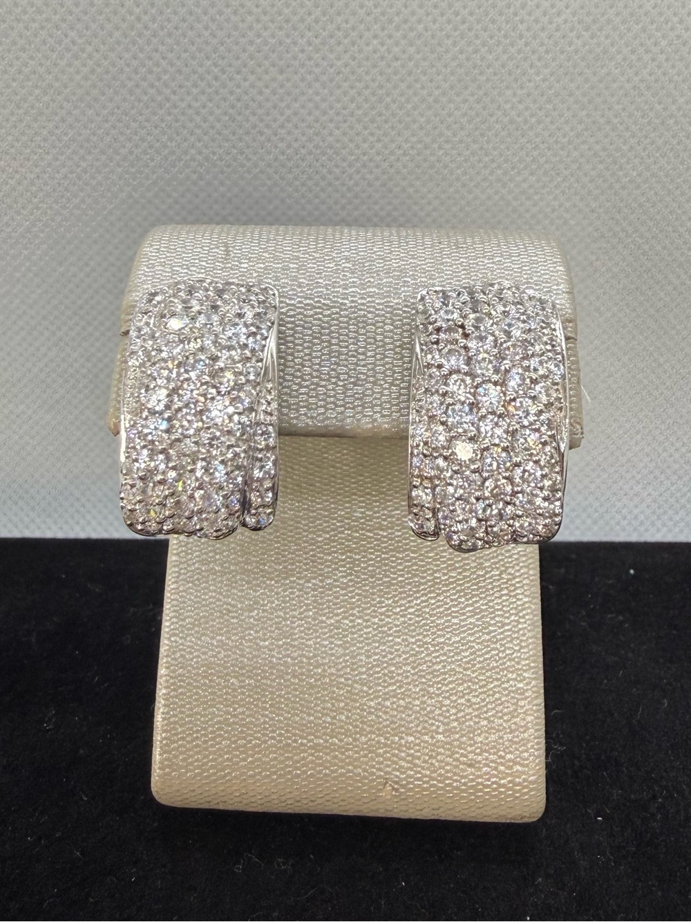 Samuel B 925 Sterling Silver Pave CZ Omega Back Hoop Earrings